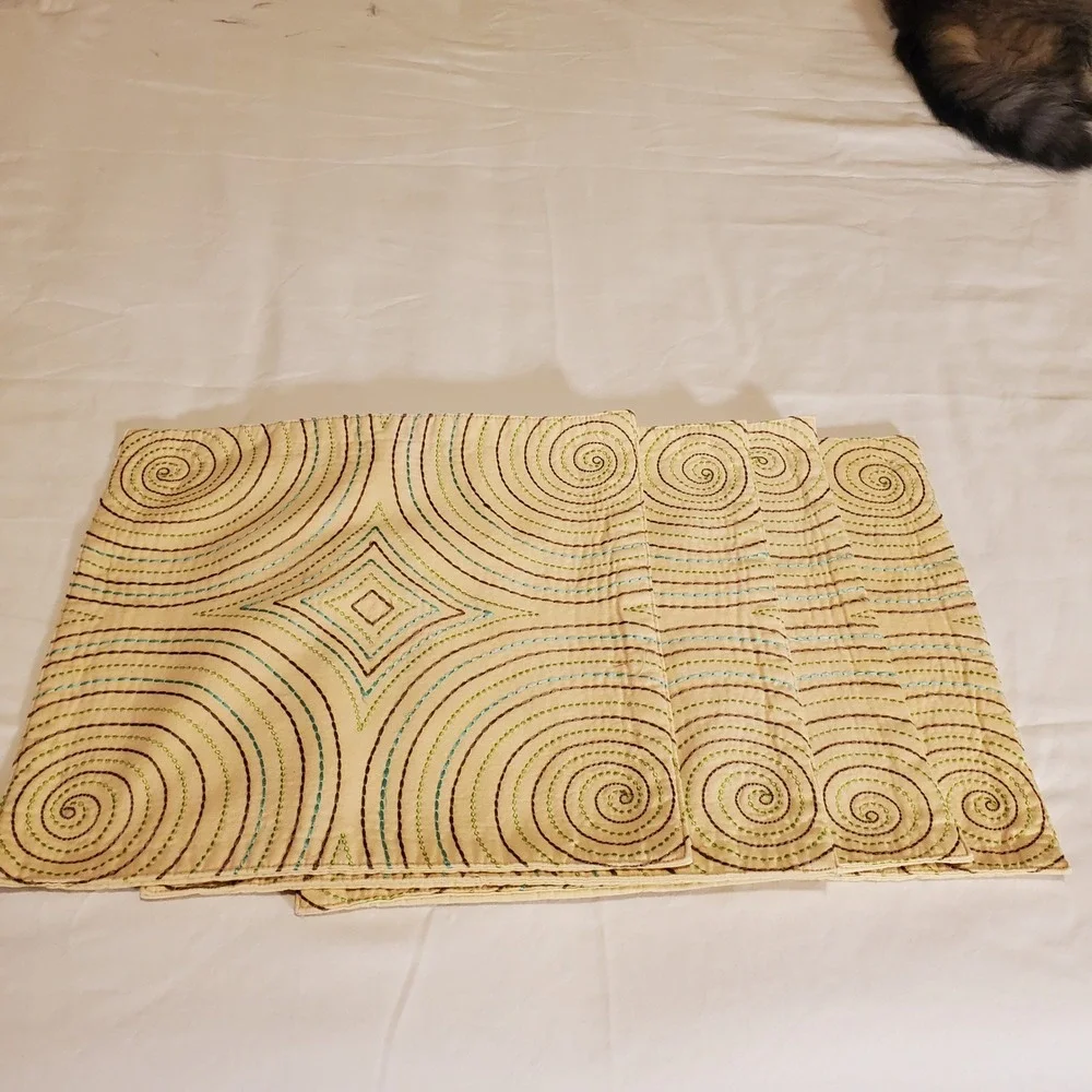 Set of 4 Embroidered Cotton Square Placemats Cream Teal Brown Spiral Geometric